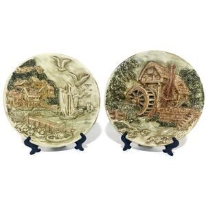 Chalkware Watermill and Seaport Wall Art 2-Dimensional Plates 10.5" Lot of 2